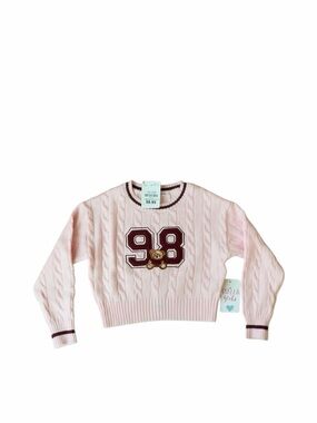 Stella Tweed Girls Pink Cable Knit 98 Teddy Bear Cropped Sweater Size 7/8 NWT